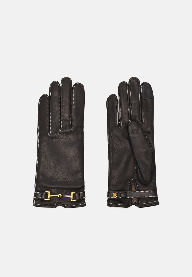 Schwarze Lederhandschuhe mit glatter Textur, kontrastierenden weißen Nähten und einem goldfarbenen Schnallendetail am Handgelenk.