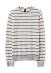 Pull rayé avec des rayures horizontales grises et blanches. Fabriqué en tissu doux, il présente un col rond et des poignets et un ourlet côtelés.