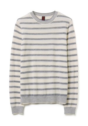 Pull rayé avec des rayures horizontales grises et blanches. Fabriqué en tissu doux, il présente un col rond et des poignets et un ourlet côtelés.