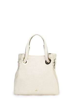 Cream woven tote bag with rounded handles threaded through gold-tone eyelets, structured rectangular shape, and small gold logo detail at base.