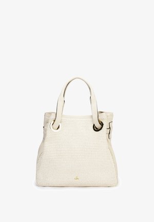Cream woven tote bag with rounded handles threaded through gold-tone eyelets, structured rectangular shape, and small gold logo detail at base.