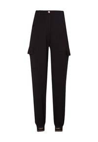 Pantalon cargo noir avec poches latérales, poignets fuselés et garnitures dorées. Fabriqué dans un tissu doux et extensible pour plus de confort.