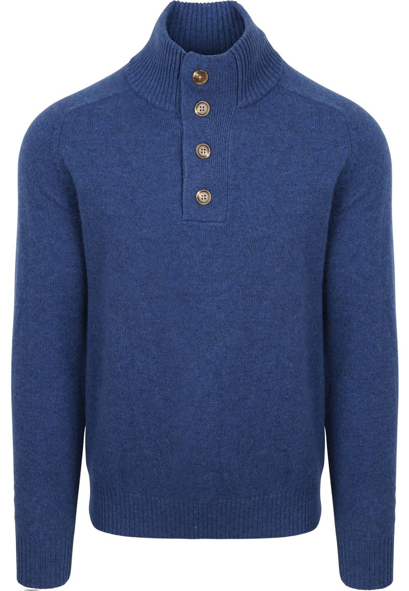 Blauwe gebreide trui met een hoge geribbelde kraag, voorzien van een vierknops sluiting. Gemaakt van een zachte stof met een gladde textuur en aangesloten mouwen.