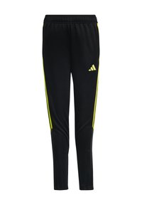 Zwarte sportbroek met een slim fit, vervaardigd uit gladde stof, met gele zijstrepen en een Adidas-logo nabij de tailleband.