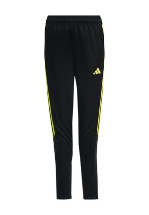 Zwarte sportbroek met een slim fit, vervaardigd uit gladde stof, met gele zijstrepen en een Adidas-logo nabij de tailleband.