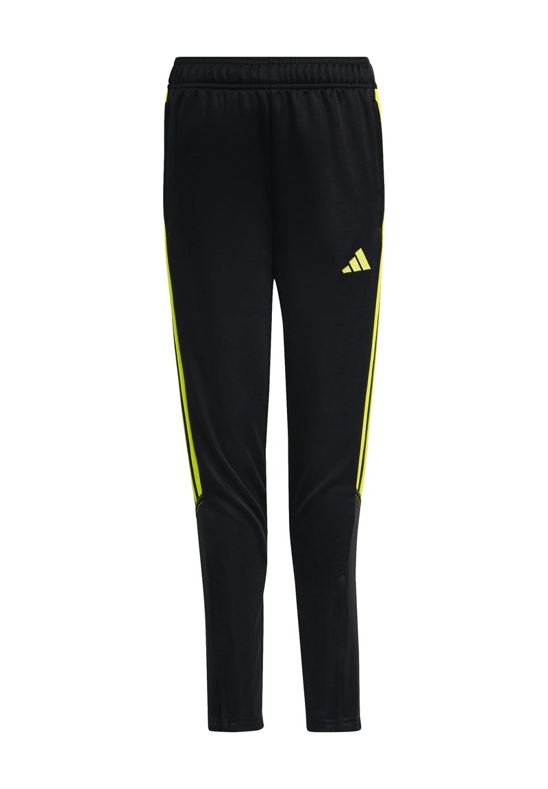 Zwarte sportbroek met een slim fit, vervaardigd uit gladde stof, met gele zijstrepen en een Adidas-logo nabij de tailleband.