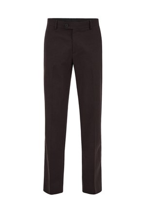 Črne priložene formalne hlače z zapenjanjem na gumb in zadrgo, zankami za pas in ravnimi hlačnicami.