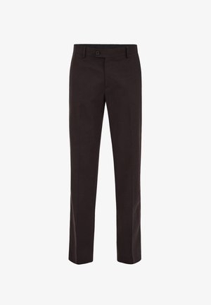 Melnas, piegrieztas formālas bikses ar pogu un rāvējslēdzēja aizdari, jostas cilpām un taisnām starām.