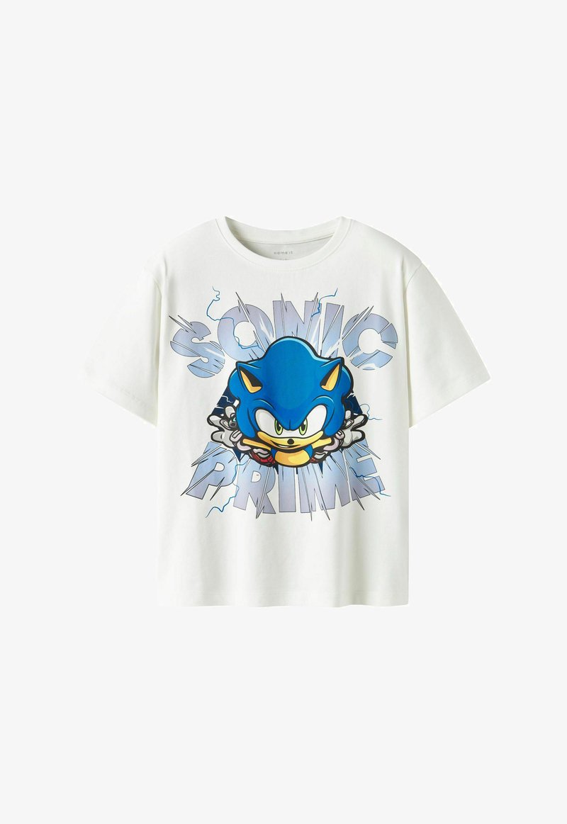 Weisses Baumwoll-T-Shirt mit einem grossen blauen Cartoon-Charakter mit grünen Augen, umgeben von dem Text "SONIC PRIME" in fetten, stilisierten Buchstaben.