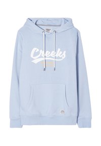 Felpa leggera blu chiaro con logo bianco "Creeks" e accenti gialli, dotata di tasca frontale a marsupio, cappuccio con cordino e polsini a coste.