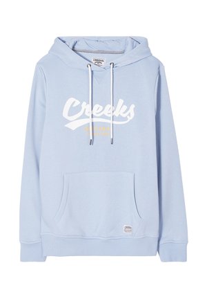 Hellblaues Hoodie mit weißem "Creeks"-Logo und gelben Akzenten, ausgestattet mit einer frontalen Kängurutasche, einer Kapuze mit Kordelzug und gerippten Bündchen.