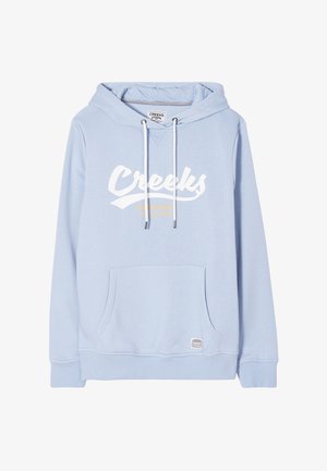 Lichtblauwe hoodie met wit "Creeks" logo en gele accenten, voorzien van een voorzak in kangoeroestijl, trekkoord-hoed en geribde manchetten.