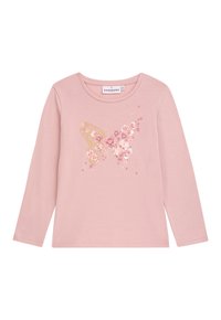 Langärmliges pinkes Shirt mit einem Schmetterlingsdesign, verziert mit goldenen und pinken Blumenakzenten, aus weichem Baumwollstoff, mit rundem Ausschnitt.
