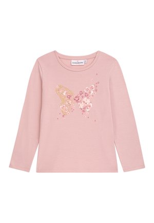 Langärmliges pinkes Shirt mit einem Schmetterlingsdesign, verziert mit goldenen und pinken Blumenakzenten, aus weichem Baumwollstoff, mit rundem Ausschnitt.