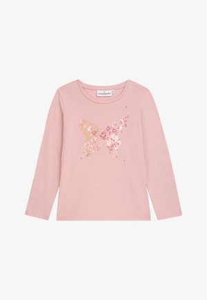 Langärmliges pinkes Shirt mit einem Schmetterlingsdesign, verziert mit goldenen und pinken Blumenakzenten, aus weichem Baumwollstoff, mit rundem Ausschnitt.