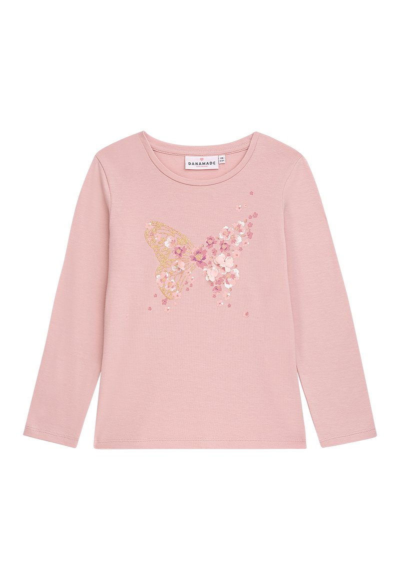Langärmliges pinkes Shirt mit einem Schmetterlingsdesign, verziert mit goldenen und pinken Blumenakzenten, aus weichem Baumwollstoff, mit rundem Ausschnitt.