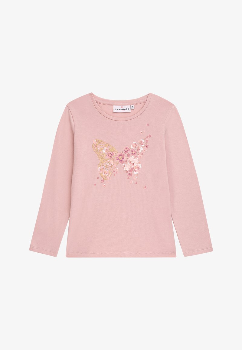 Langärmliges pinkes Shirt mit einem Schmetterlingsdesign, verziert mit goldenen und pinken Blumenakzenten, aus weichem Baumwollstoff, mit rundem Ausschnitt.