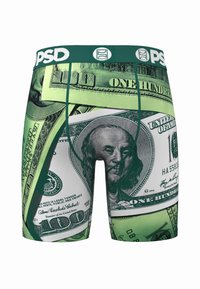 Boxers med et grønt og hvitt design av amerikanske hundre-dollarsedler, med en mønstret midjebånd som viser "PSD"-logoen.