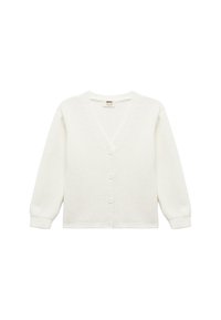 Witte gebreide cardigan met een V-hals, knoopsluiting en lange mouwen. Gelaagd stof met geribbelde accenten bij de mouwen en de onderrand.