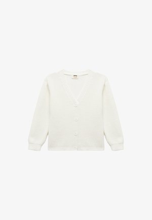 Valkoinen neulottu neuletakki, jossa on V-pääntie, nappikiinnitys ja pitkät hihat. Rakennekangas, jossa on ribbikuviointi hihoissa ja helmassa.