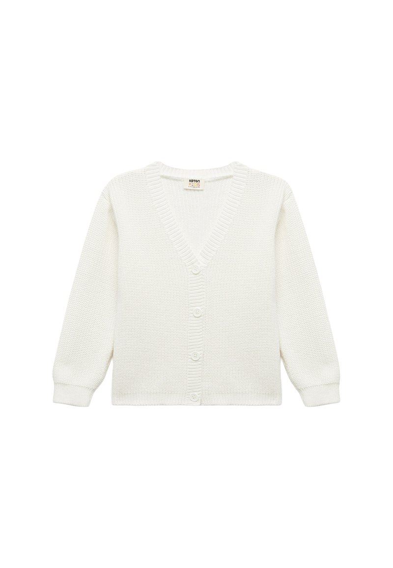 Witte gebreide cardigan met een V-hals, knoopsluiting en lange mouwen. Gelaagd stof met geribbelde accenten bij de mouwen en de onderrand.