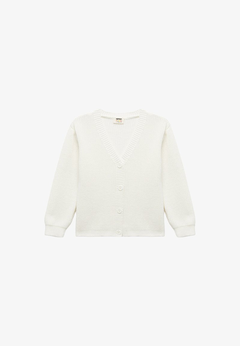 Cardigan bianco lavorato a maglia con scollo a V, chiusura a bottoni e maniche lunghe. Tessuto texturizzato con dettagli a coste sui polsini e sull'orlo.