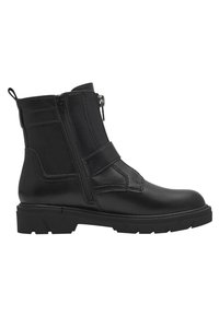 Black ankle boots made of smooth leather featuring a side zipper, strap detail, and a textured rubber sole with a chunky design.
