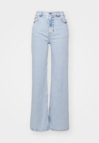 Light blue high-waisted jeans made of denim, featuring a wide leg design, classic five-pocket styling, and a faded finish.