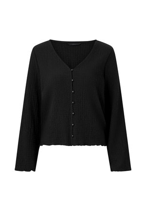 Cardigan corto de manga larga texturizado negro con escote en V y pequeños botones en el centro delantero.