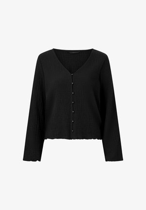 Czarny, teksturowany, długi rękaw, krótki kardigan z dekoltem w kształcie litery V i małymi guzikami na środku przodu.