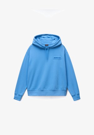 Sudadera azul claro con capucha y cordones, parche con el logo "NAPAPIJRI" en el pecho izquierdo, mangas largas y puños y dobladillo acanalados.