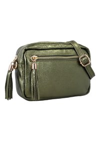 Metalinė žalia rankinė per petį su užtrauktuku, kutais ir reguliuojama juosta. Yra priekinė kišenė su užtrauktuku ir glotnus paviršius.