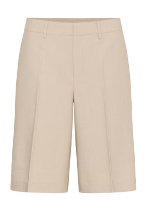 Beige tailored shorts made of lightweight fabric, featuring a straight cut, single front pleat, and two side pockets.