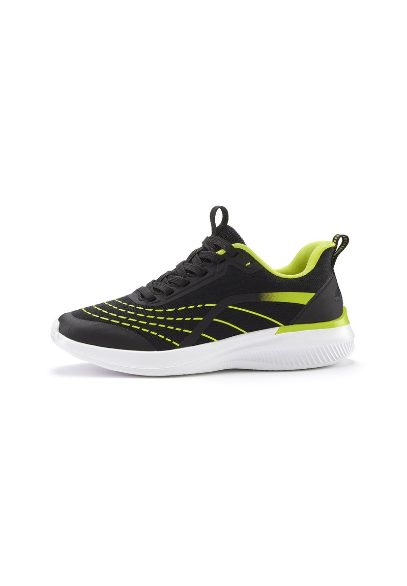 Black athletic shoe with lime green accents and stitching. Features a mesh upper, cushioned white sole, and a heel pull loop for easy wear.