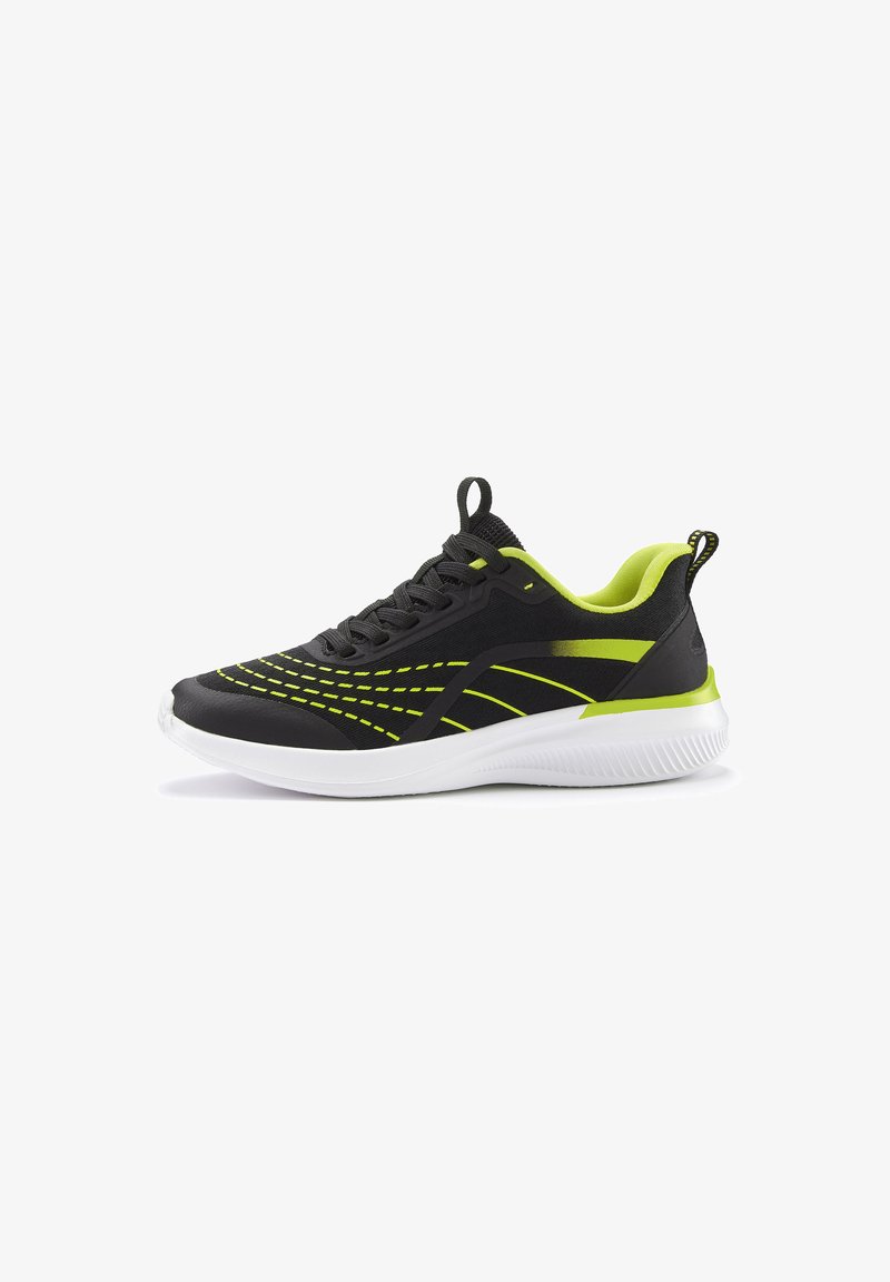 Black athletic shoe with lime green accents and stitching. Features a mesh upper, cushioned white sole, and a heel pull loop for easy wear.