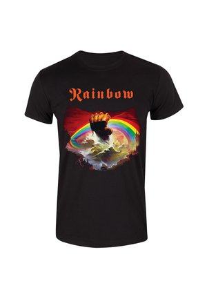 Schwarzes Baumwoll-T-Shirt mit einem Grafikdruck eines erhobenen Fists, einem Regenbogenbogen und Wellen, mit dem Text "Rainbow" in orangefarbener gotischer Schrift.