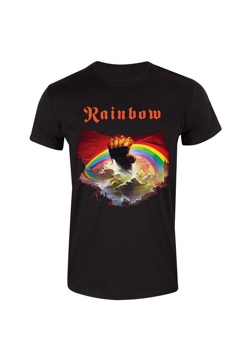 Sort bomulds t-shirt med et grafisk print af en hævet næve, regnbuebue og bølger, med "Rainbow" tekst i orange gotisk skrifttype.