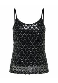 Haut noir sans manches avec fines bretelles, décoré d'un motif en sequins noirs brillants en forme de coquille sur un tissu transparent.