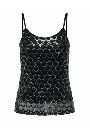 Haut noir sans manches avec fines bretelles, décoré d'un motif en sequins noirs brillants en forme de coquille sur un tissu transparent.