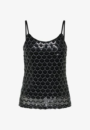 Haut noir sans manches avec fines bretelles, décoré d'un motif en sequins noirs brillants en forme de coquille sur un tissu transparent.