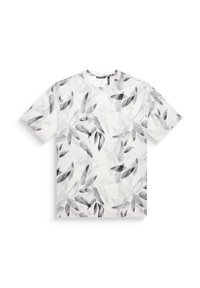 Camiseta blanca de manga corta con un patrón de hojas en negro y gris, hecha de una tela suave, con un cuello redondo clásico y un corte relajado.