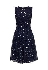 Marinblå ärmlös klänning med vita prickar, figursydd bodice och utställd kjol. Har en dold bakre dragkedja och en mjuk tygtextur.