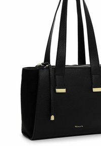 Borsa a tracolla nera in pelle con superficie testurizzata, due manici lunghi, chiusura con zip, dettagli dorati e un piccolo logo sul davanti.
