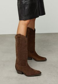 Bruine suède cowboylaarzen met een spitse neus, decoratief stiksel en een lage hak. De schacht heeft een uniek textuurpatroon.
