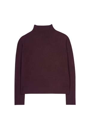 Burgundy turtleneck sweater made of soft fabric, featuring a relaxed fit, dropped shoulders, and ribbed cuffs and hem.