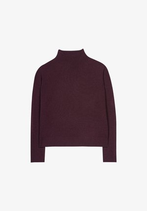 Burgunderfarbener Rollkragenpullover aus weichem Stoff, mit lockerer Passform, abgesenkten Schultern und gerippten Bündchen sowie Saum.