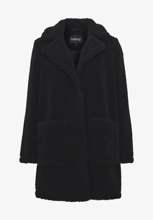 Manteau en polaire noir avec un col, deux poches avant et une coupe décontractée. La texture est douce et duveteuse, offrant une chaleur confortable.