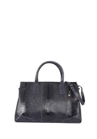 Dark blue python-patterned leather handbag with two top handles, a detachable shoulder strap, and a small decorative Italian flag tag.