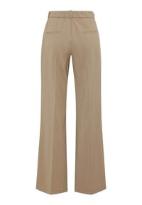 Pantalons larges beige sur mesure avec une texture lisse, dotés d'une taille arrière, de deux poches arrière et d'un ourlet droit.