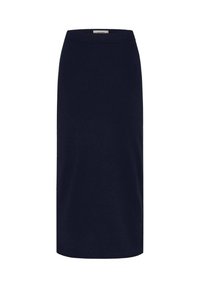 Marineblaue Bleistift-Rock aus einem glatten, dehnbaren Stoff. Hat eine taillierte Passform und eine gerade Silhouette ohne zusätzliche Verzierungen.